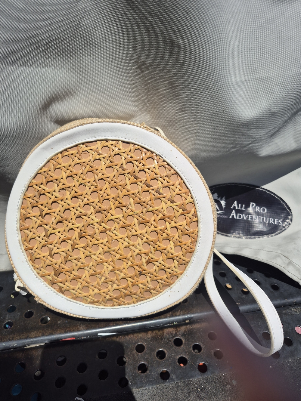 Round Woven Crossbody Bag in Tan and White
